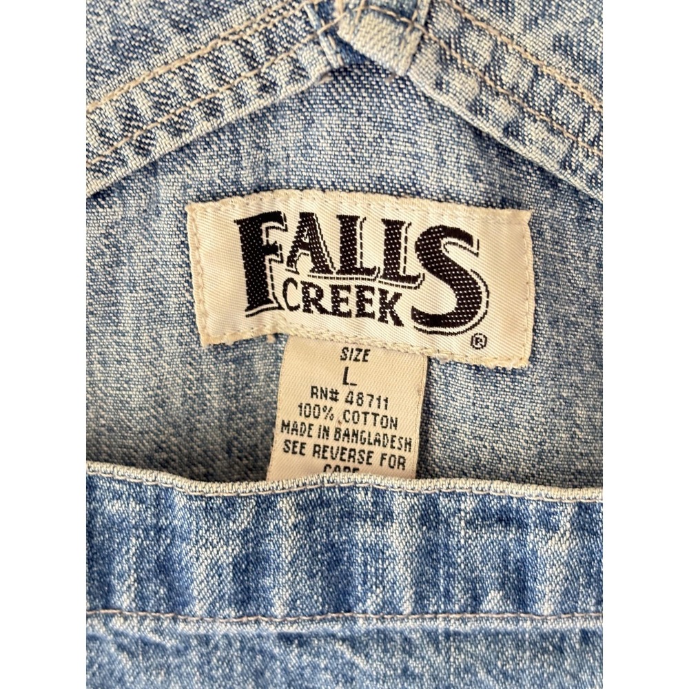 Falls Creek Shortalls Womens Large Blue Denim Overall Shorts Hula Fringe Trim - Picture 3 of 5